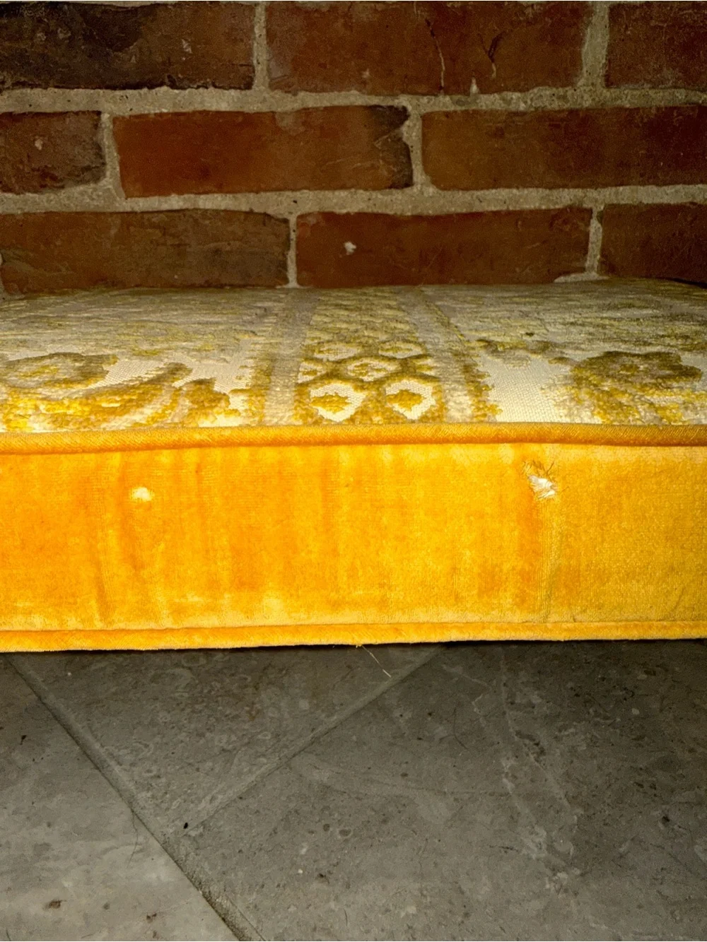 MCM‎ Small Gold Cut Velvet Brass Leg Footstool Ottoman